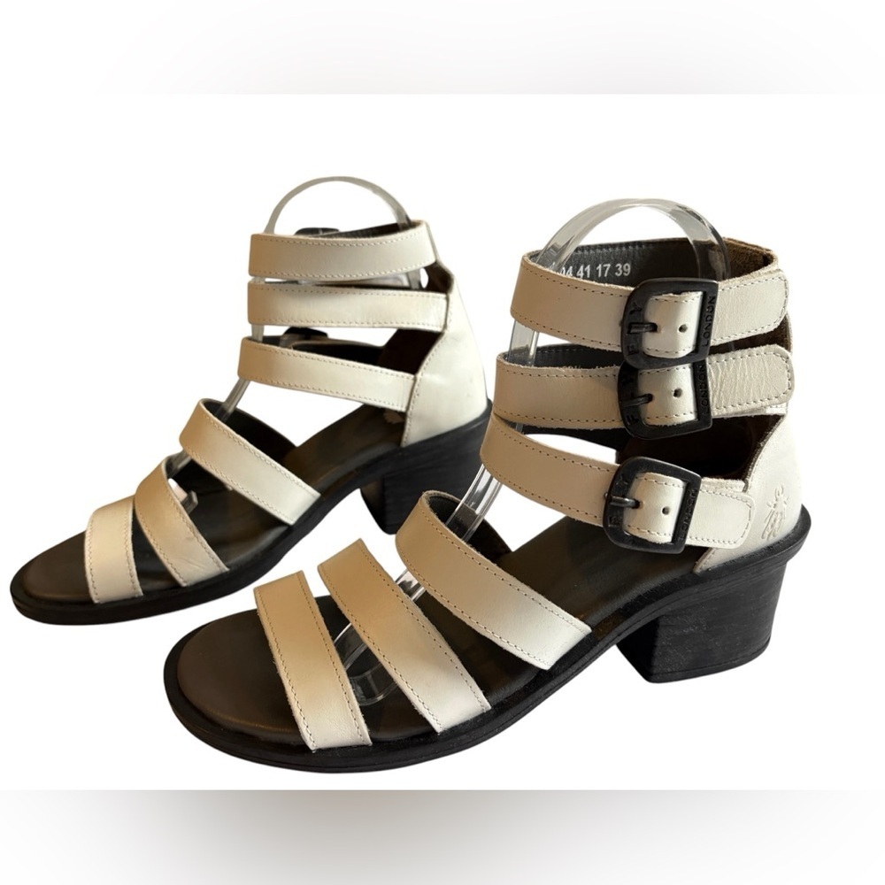 FLY London Ceda Leather Multi Strap Heeled Sandals White Size 39 / 8 / 8.5